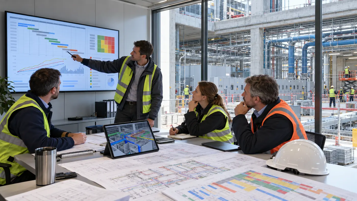 Команда управления проектом ЦОД сверяет график, бюджет и BIM-модель в штабе строительства
