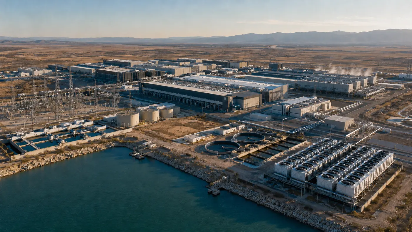 Редакционная визуализация крупного AI-кампуса с водоподготовкой, градирнями и сухими охладителями